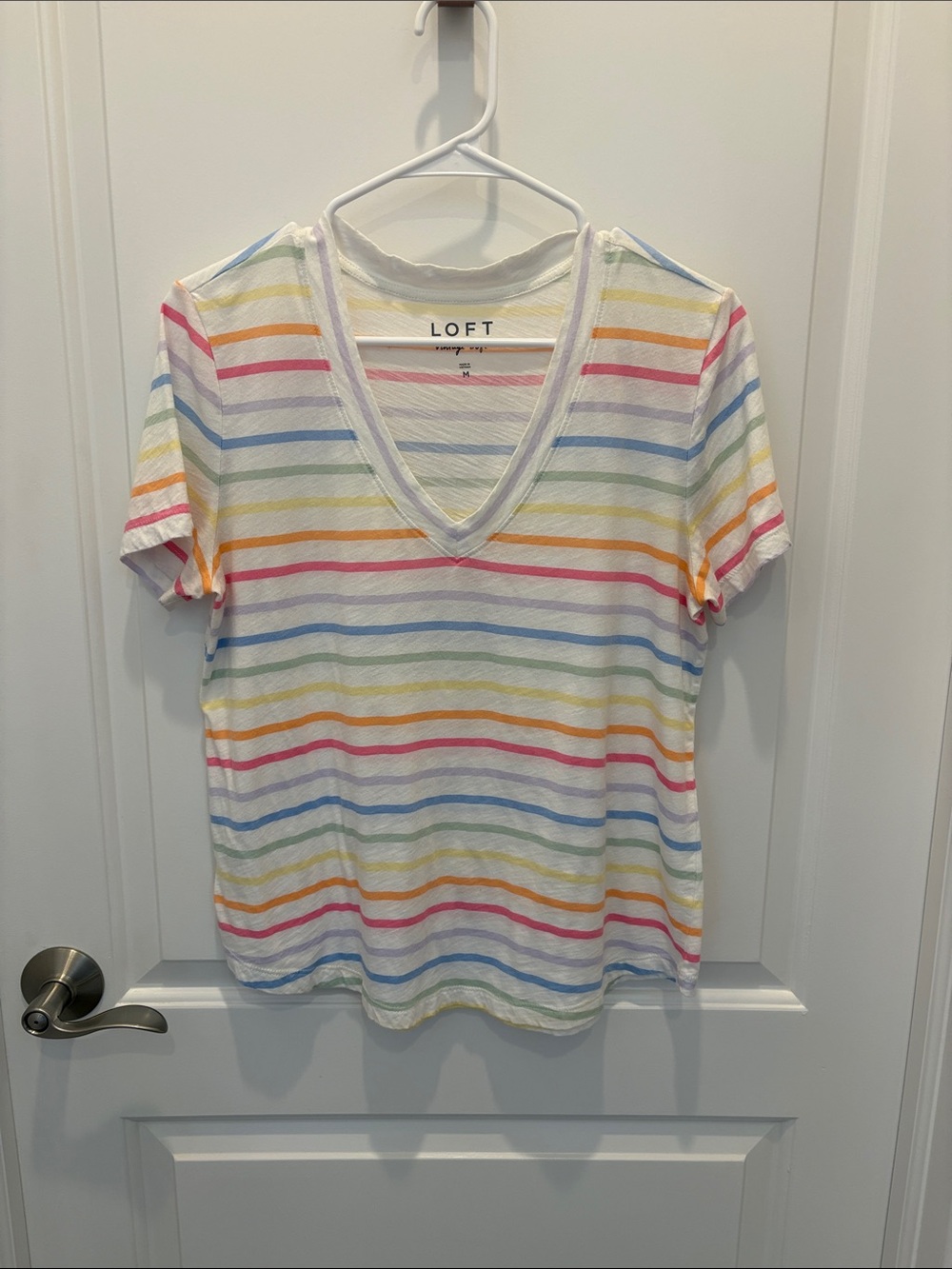 LOFT Pastel Rainbow Stripe V-Neck Tee - White Base
